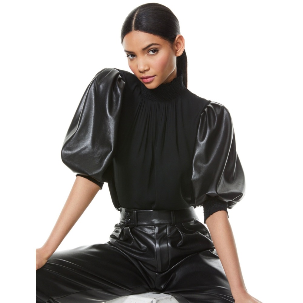 Alice + Olivia Classics Black Faux Leather Puff Sleeve Smocked Neck Blouse S‎